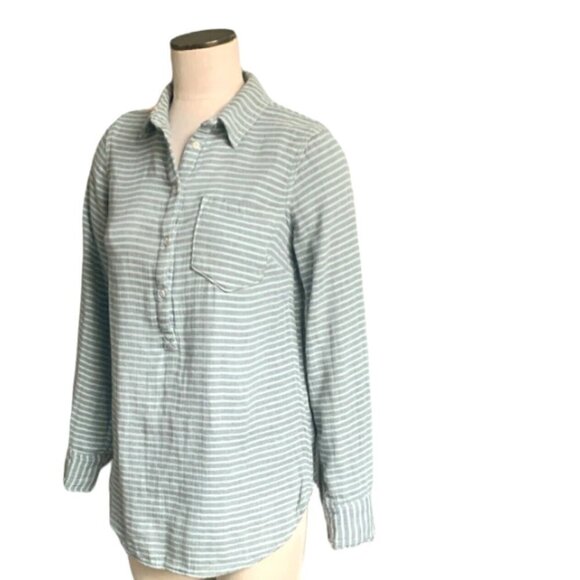 Merona S Stretch Cotton Button Tunic Top Pocket Gray Striped Casual 185K - Picture 2 of 7